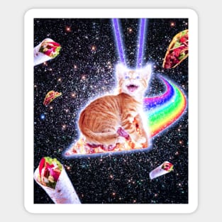 Laser Eyes Space Cat Riding Rainbow Pizza Sticker